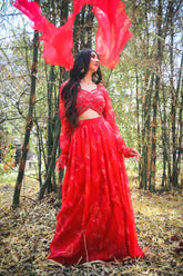Red Pleated Lehenga Set
