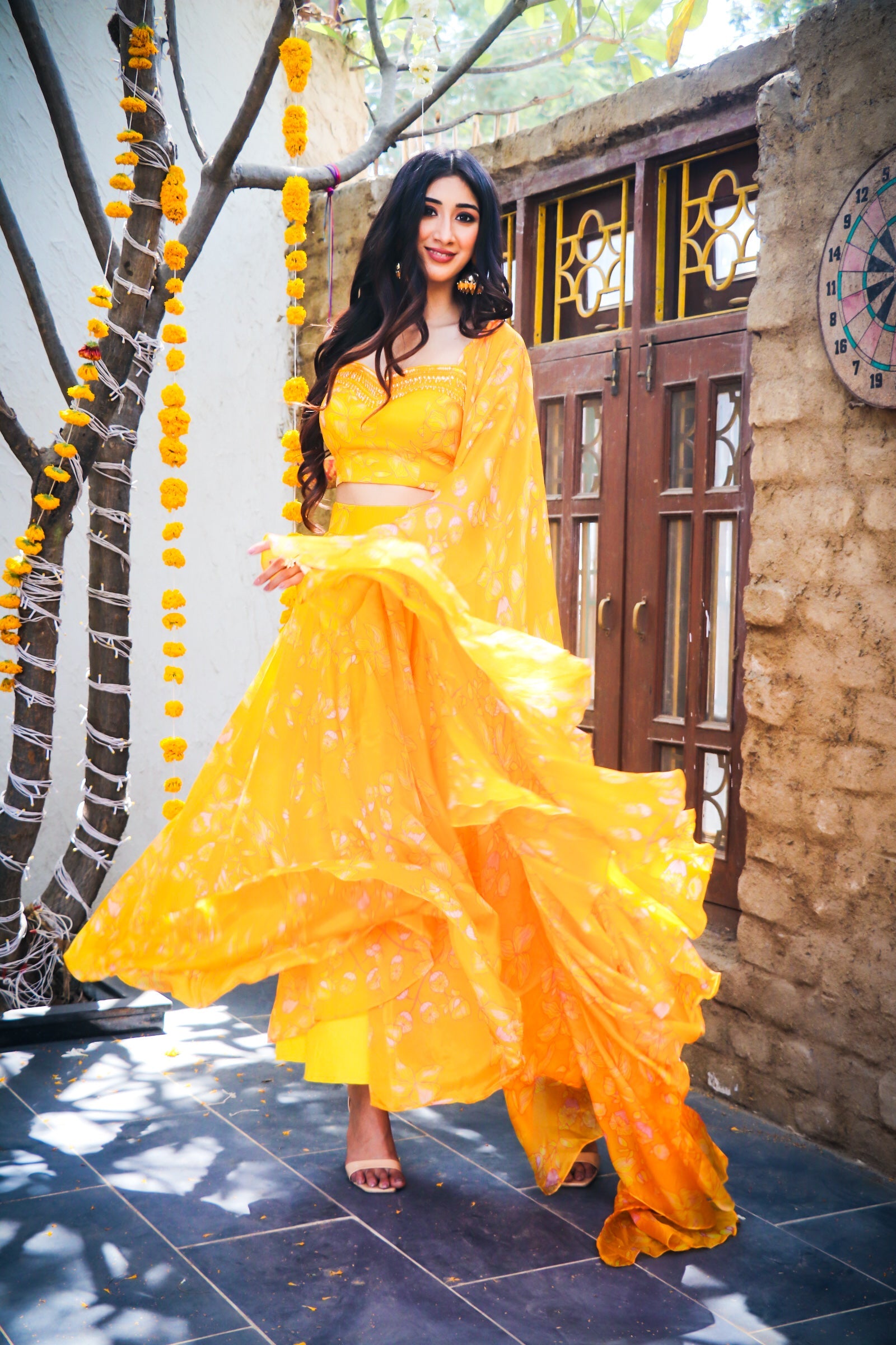 yellow organza lehenga set