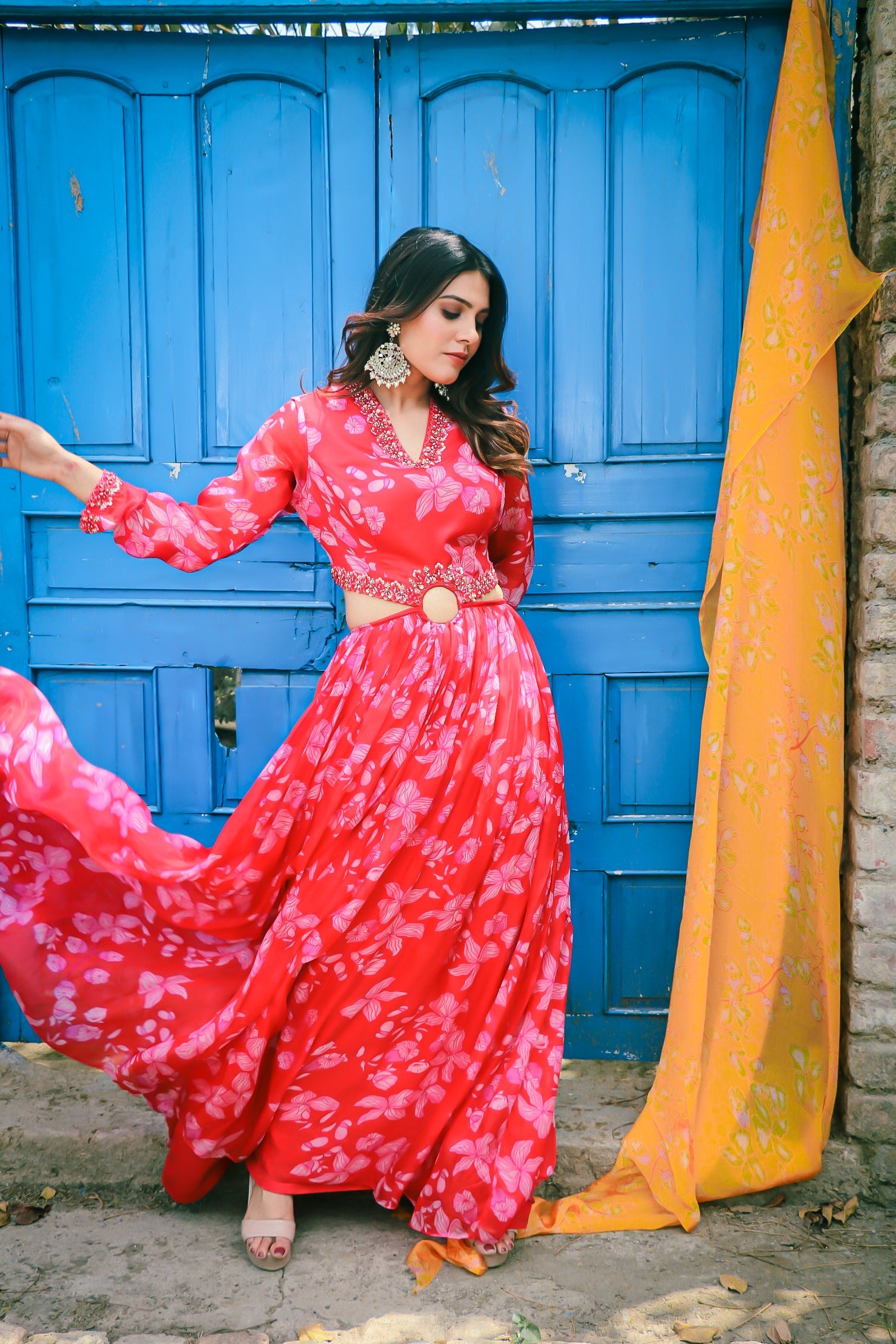 Floral Gown with Handwork Neckline